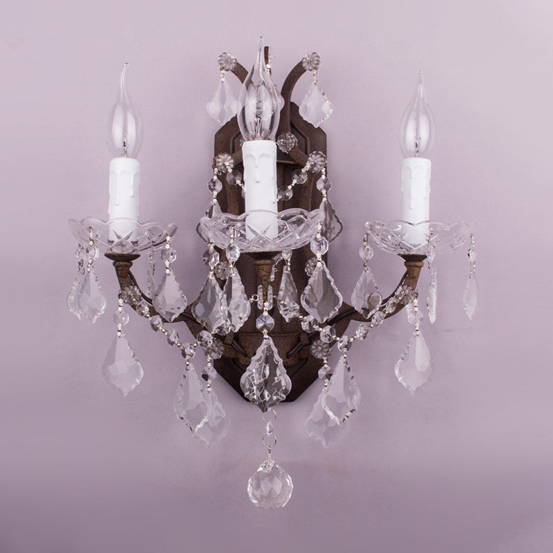 Candelabra Sconce Light Modern Teardrop Crystal 3 Lights White Wall Mount Light with Rust Backplate Clearhalo 'Cast Iron' 'Glass' 'Industrial' 'Modern wall lights' 'Modern' 'Tiffany' 'Traditional wall lights' 'Wall Lamps & Sconces' 'Wall Lights' Lighting' 990730