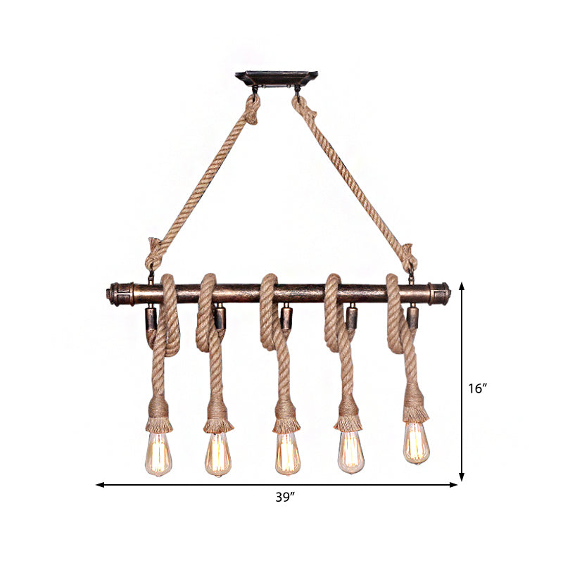 3/5 Heads Open Bulb Island Pendant Warehouse Beige Metal Hanging Ceiling Light for Dining Room with Rope Wrapped Accent Clearhalo 'Ceiling Lights' 'Island Lights' Lighting' 990928