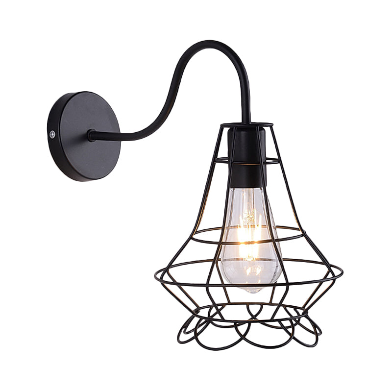 Vase Cage Metallic Wall Light Fixture Vintage 1 Head Restaurant Wall Fixture Light with Curved Arm in Black Clearhalo 'Art deco wall lights' 'Cast Iron' 'Glass' 'Industrial wall lights' 'Industrial' 'Middle century wall lights' 'Modern' 'Rustic wall lights' 'Tiffany' 'Traditional wall lights' 'Wall Lamps & Sconces' 'Wall Lights' Lighting' 991184