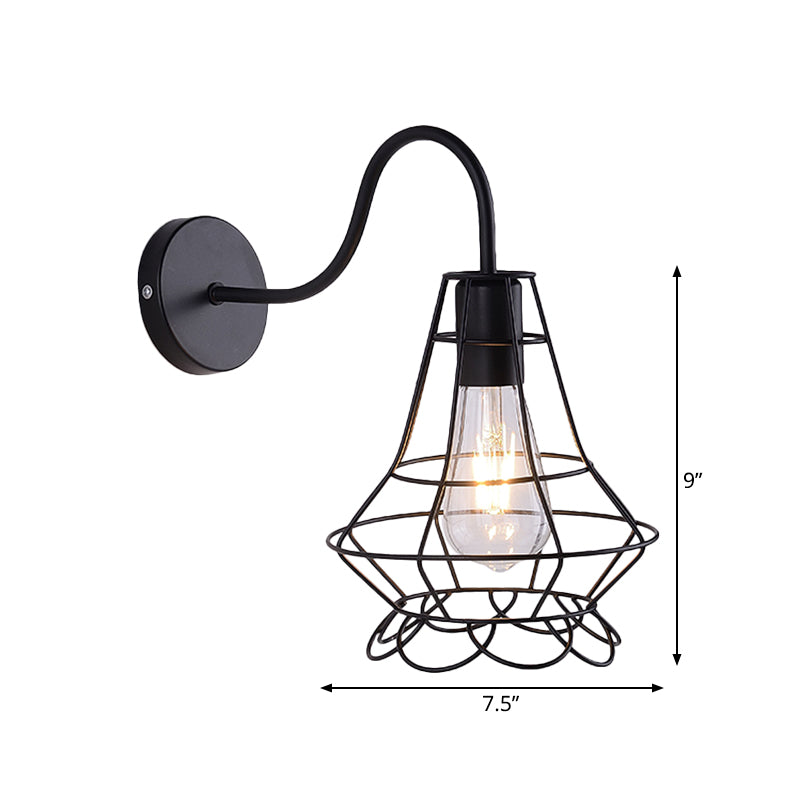 Vase Cage Metallic Wall Light Fixture Vintage 1 Head Restaurant Wall Fixture Light with Curved Arm in Black Clearhalo 'Art deco wall lights' 'Cast Iron' 'Glass' 'Industrial wall lights' 'Industrial' 'Middle century wall lights' 'Modern' 'Rustic wall lights' 'Tiffany' 'Traditional wall lights' 'Wall Lamps & Sconces' 'Wall Lights' Lighting' 991186