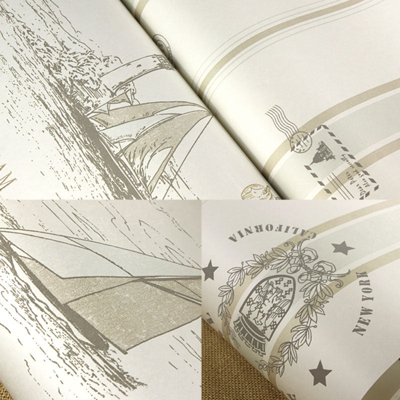 Sailing Boat and Stripe Wallpaper for Boy's Bedroom Decoration, Beige, 31'L x 20.5"W Clearhalo 'Wall Decor' 'Wallpaper' 991751