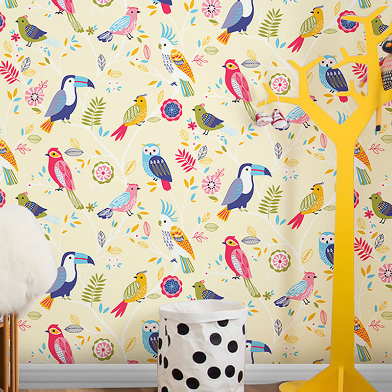 Pastel Color Simple Wallpaper 900 Bird and Lemon Wall Art for Kid's Bedroom Yellow Clearhalo 'Wall Decor' 'Wallpaper' 991773