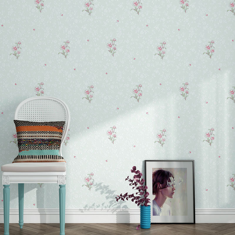 Dense Blossoms Design Wallpaper Decorative Wall Covering for Living Room, Non-Pasted Light Blue Clearhalo 'Country wall decor' 'Rustic' 'Wallpaper' Wall Decor' 991818