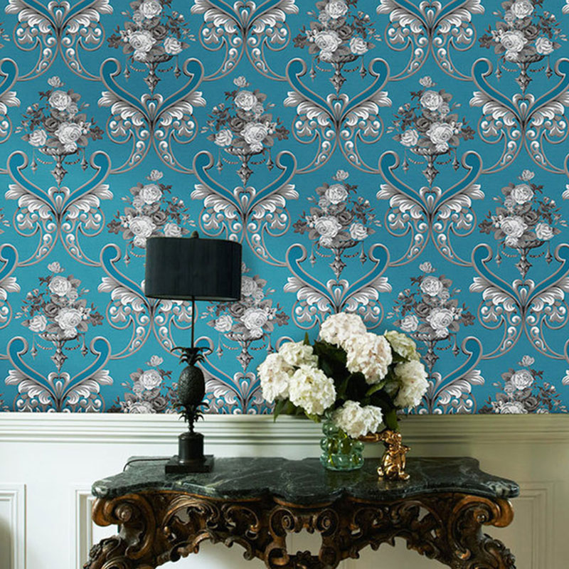 Stain-Resistant Damask Design Wallpaper 33'L x 20.5"W Classic Wall Decor for Guest Room Blue Clearhalo 'Country wall decor' 'Rustic' 'Wallpaper' Wall Decor' 991891