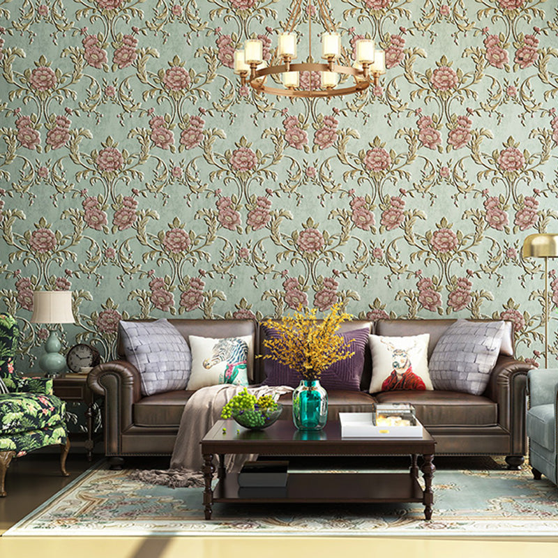 33' x 20.5" Flowers Wallpaper for Guest Room Decor Leaves Wall Covering in Neutral Color, Water-Resistant Green Clearhalo 'Vintage wall decor' 'Vintage' 'Wallpaper' Wall Decor' 991915