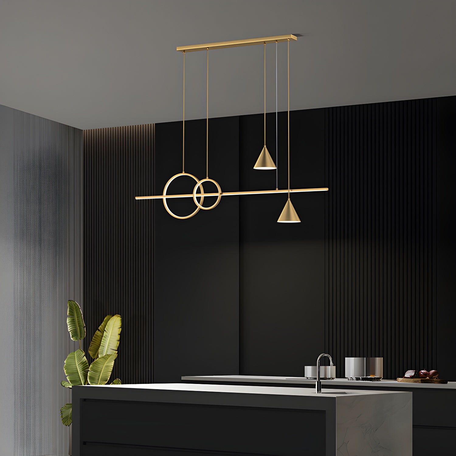 Modern Brass Island Light with 5 Lights and Adjustable Hanging Length
