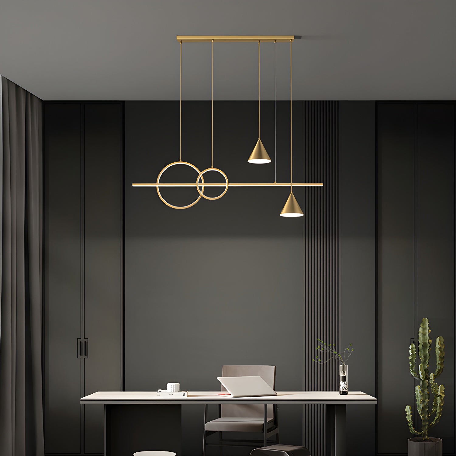 Modern Brass Island Light with 5 Lights and Adjustable Hanging Length