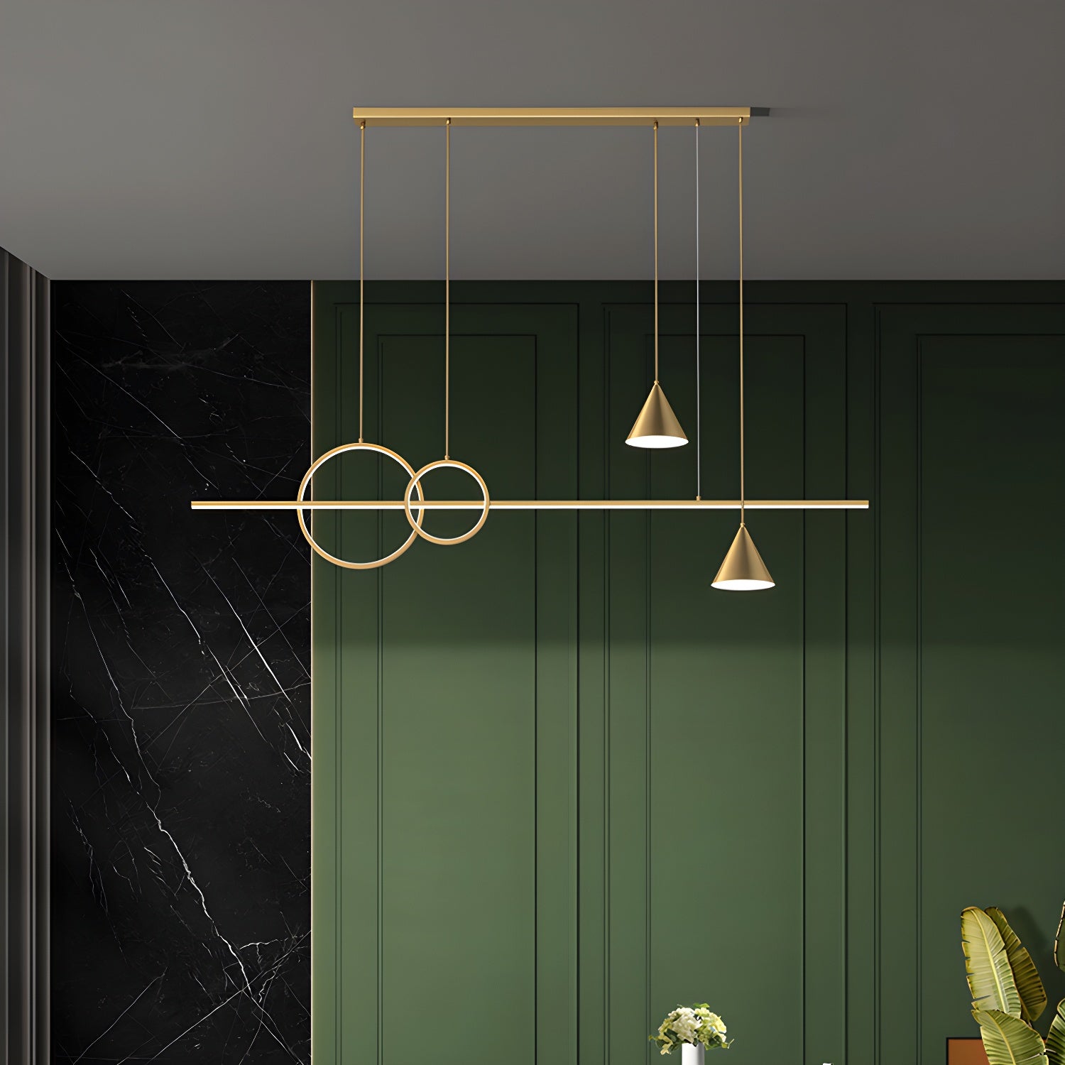 Modern Brass Island Light with 5 Lights and Adjustable Hanging Length