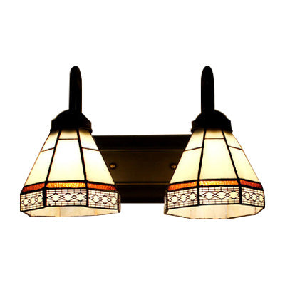 Conical Beige Glass Sconce Lighting Tiffany 2 Heads Black Wall Mounted Light Fixture Clearhalo 'Industrial' 'Middle century wall lights' 'Tiffany wall lights' 'Tiffany' 'Wall Lamps & Sconces' 'Wall Lights' Lighting' 99890