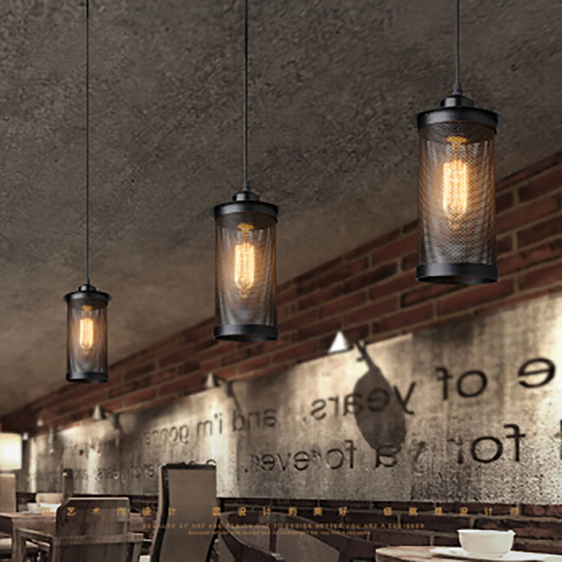 Metal Black/Rust Hanging Pendant Lamp Cylindrical 1 Head Industrial Ceiling Lighting with Mesh Cage Shade Black Clearhalo 'Art Deco Pendants' 'Black' 'Cast Iron' 'Ceiling Lights' 'Ceramic' 'Crystal' 'Industrial Pendants' 'Industrial' 'Metal' 'Middle Century Pendants' 'Pendant Lights' 'Pendants' 'Rustic Pendants' 'Tiffany' Lighting' O1CN01EvzLT12NSBvz2f6gD__2672839961-0-cib